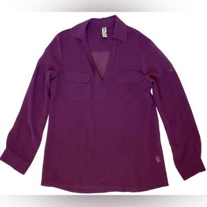 PURPLE LONG SLEEVE COLLARED VNECK MESH SEE THROUGH BLOUSE BUTTON ROLL UP CUFFS